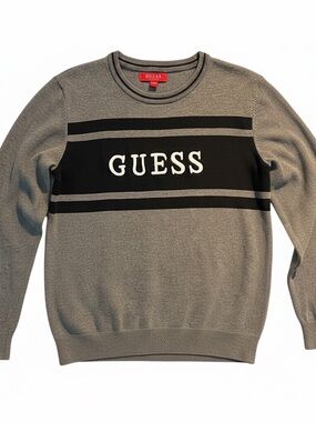 GUESS Men’s Crewneck Sweater 100% Cotton Size L Grey & Black White Guess Logo